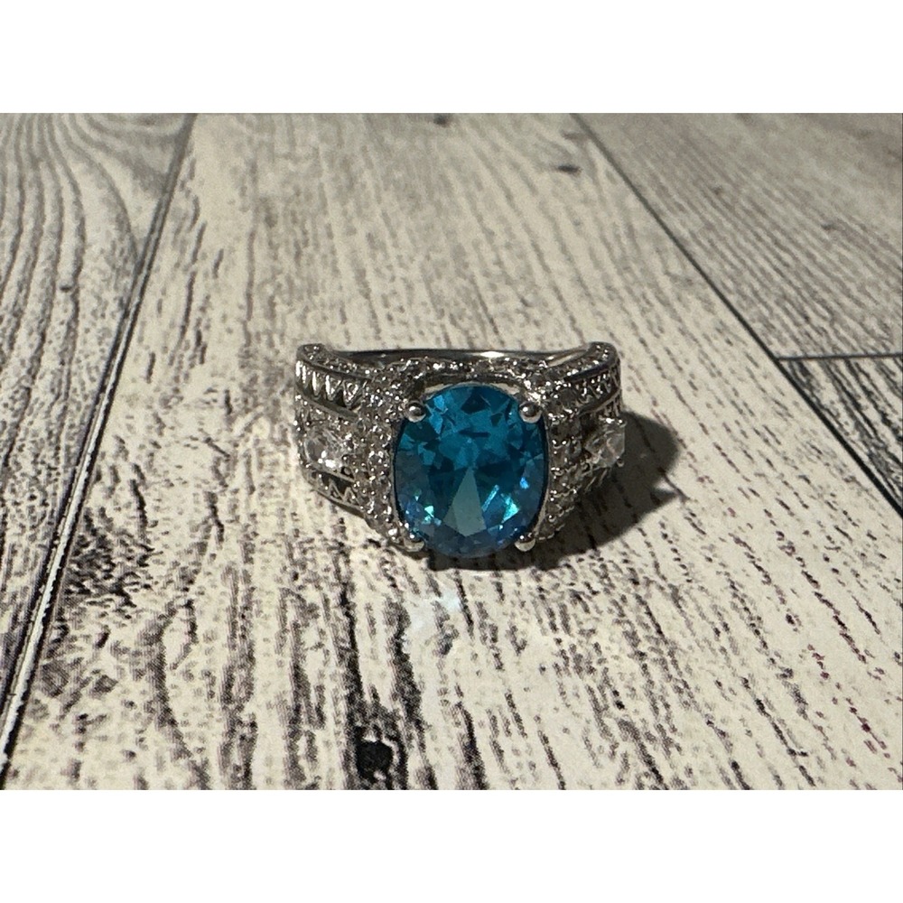 Sterling Silver 925 Blue Topaz Color Center Stone Ring White CZ Accents Filigree